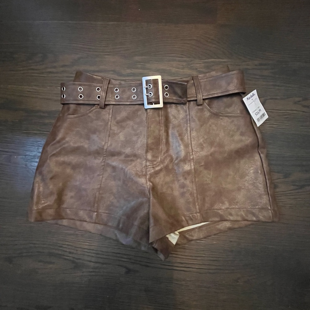 Brown leather buckle shorts
